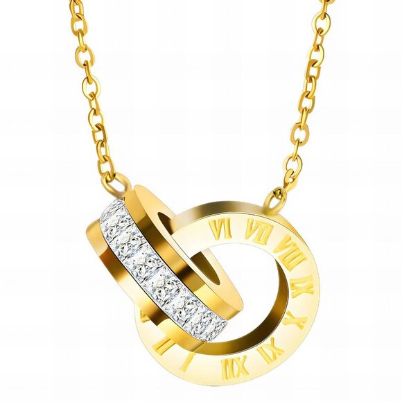 Roman Numeral Interlocking Rings Necklace | 18K Gold Plated | CZ Crystals - Picture 2 of 2